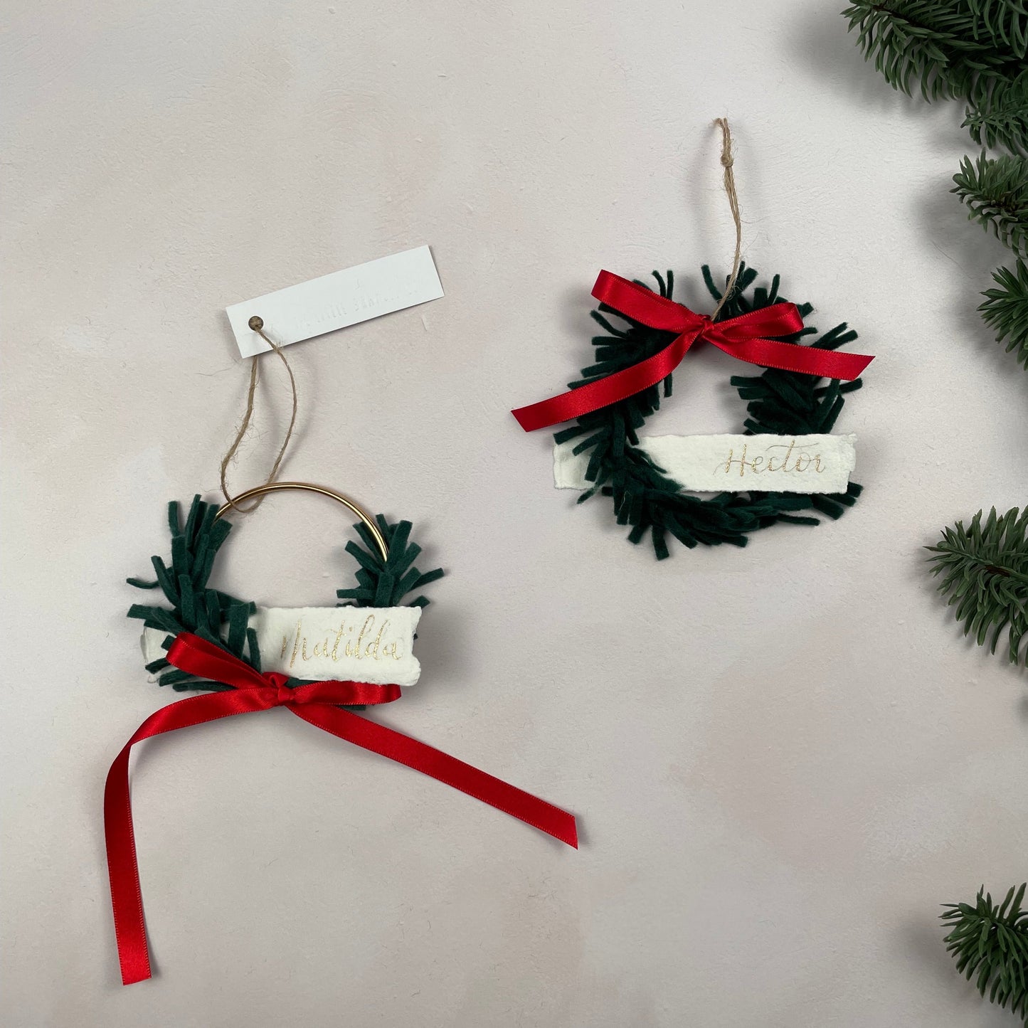 Mini Wreath Decoration - fully adorned with felt sprigs and includes a personalised calligraphy tag