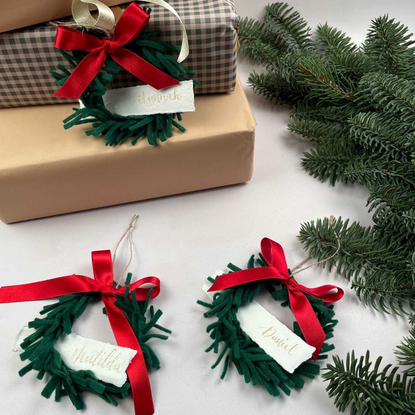 Mini Wreath Decoration - fully adorned with felt sprigs and includes a personalised calligraphy tag