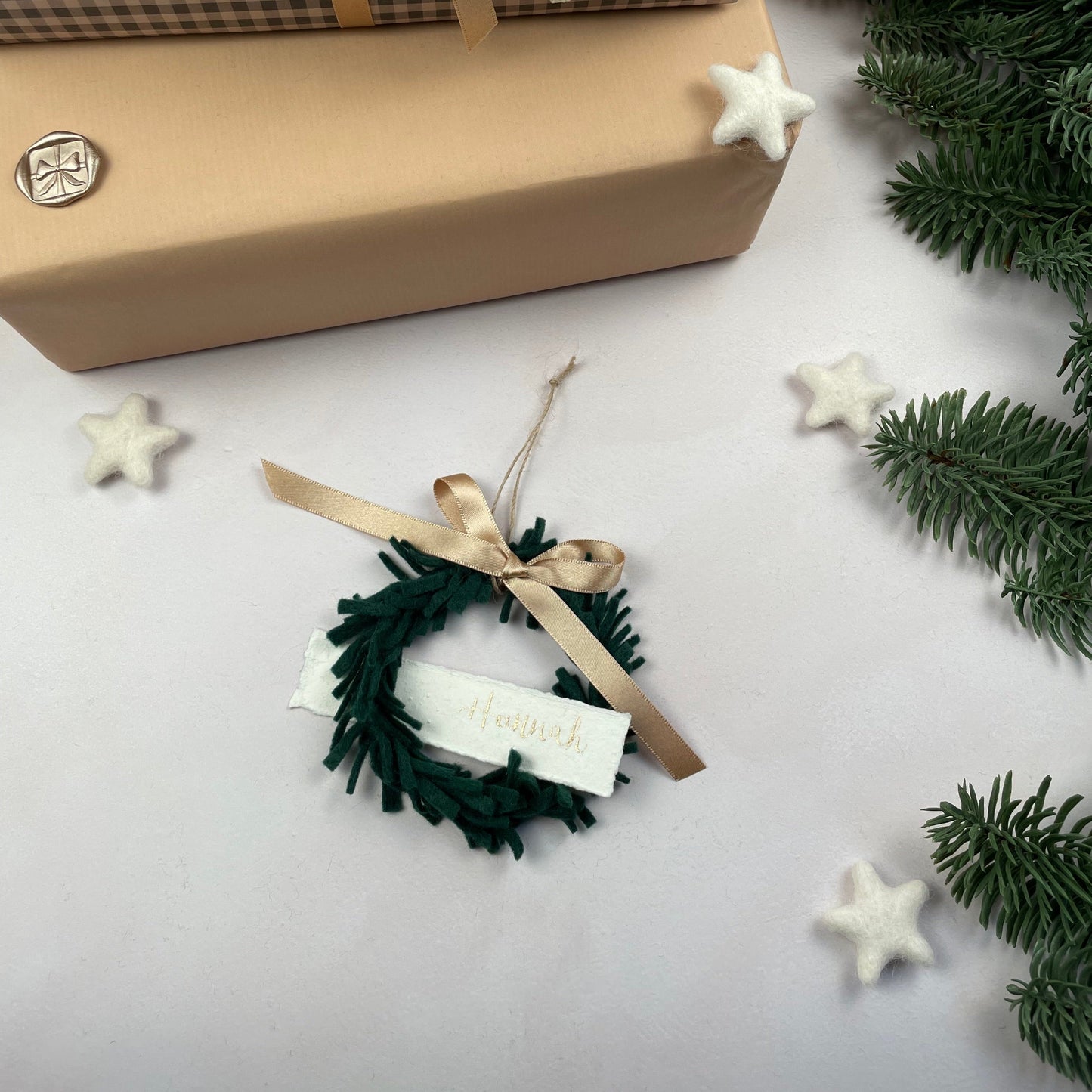 Mini Wreath Decoration - fully adorned with felt sprigs and includes a personalised calligraphy tag