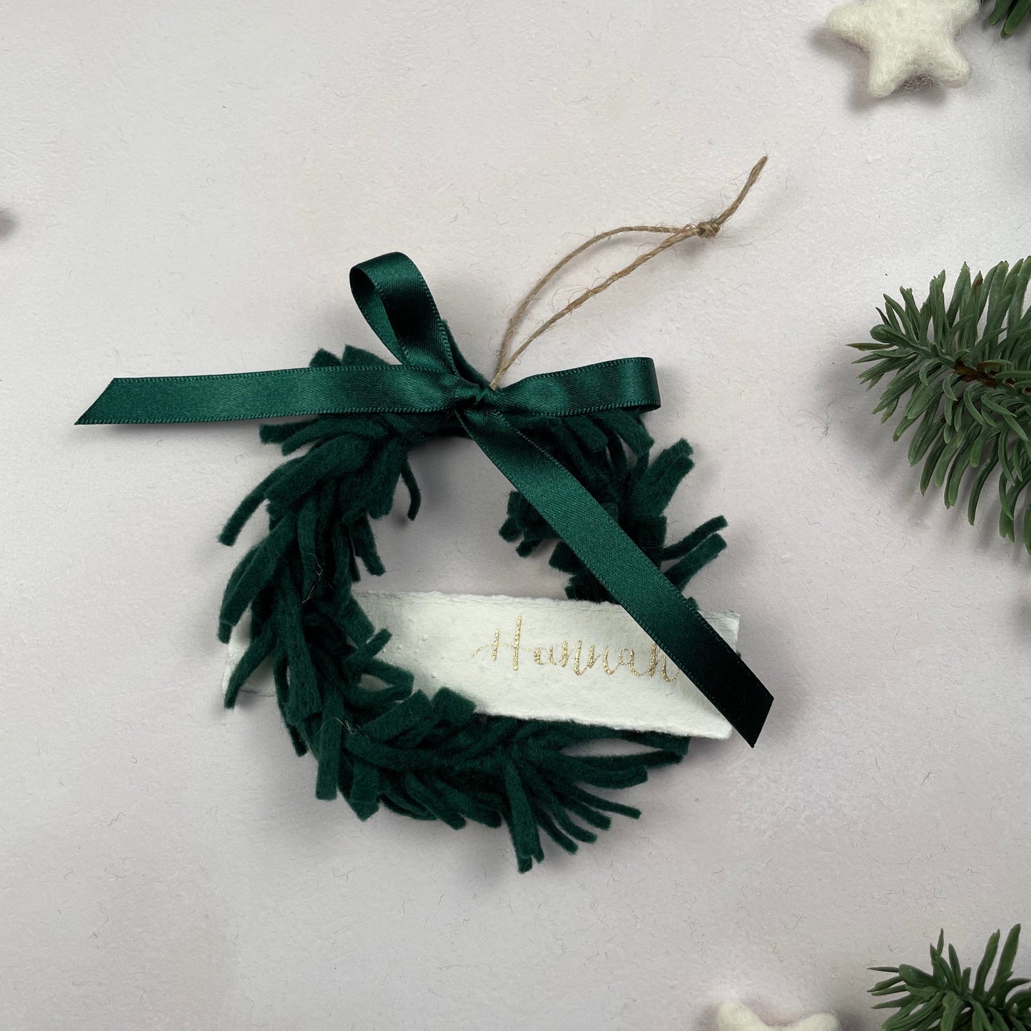 Mini Wreath Decoration - fully adorned with felt sprigs and includes a personalised calligraphy tag