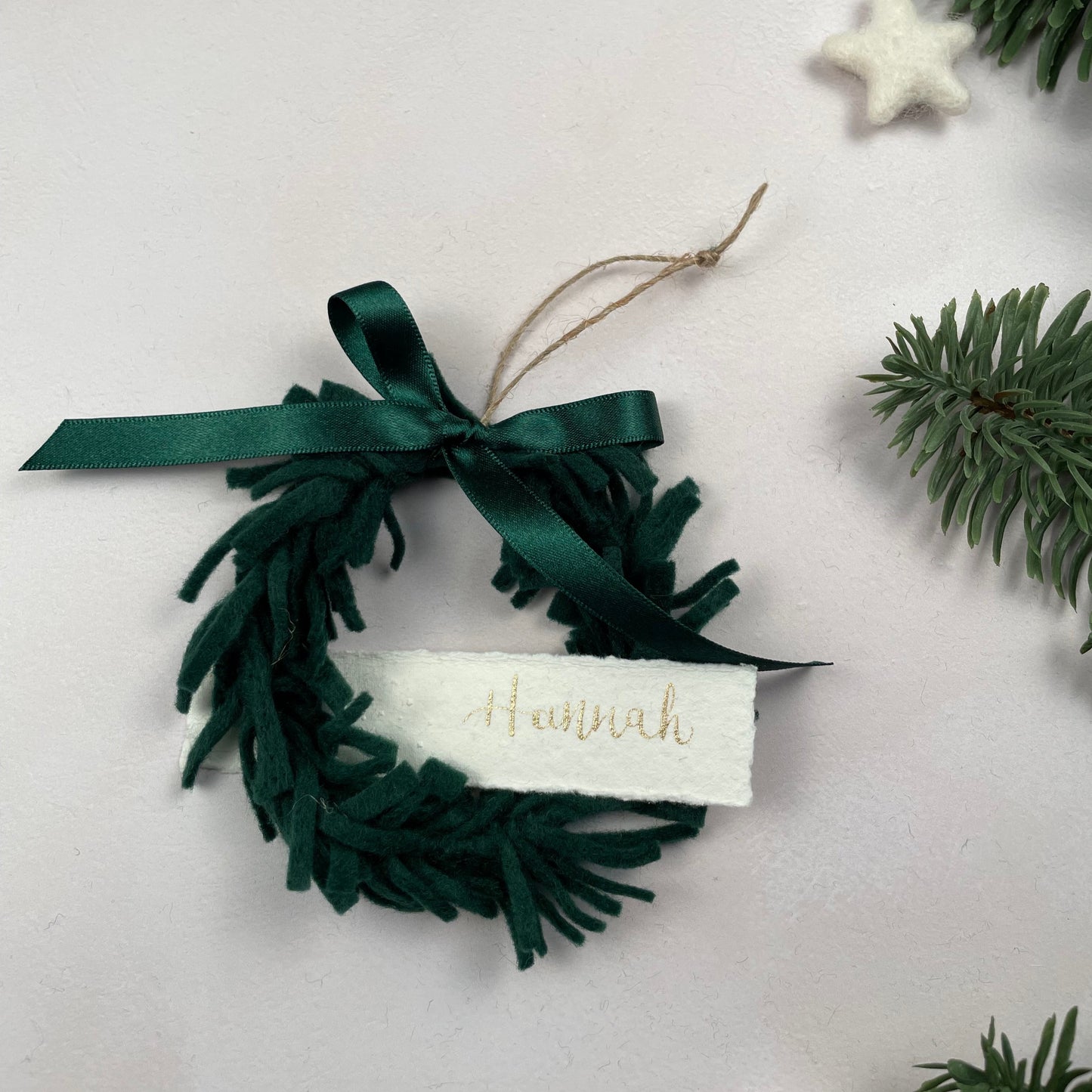 Mini Wreath Decoration - fully adorned with felt sprigs and includes a personalised calligraphy tag