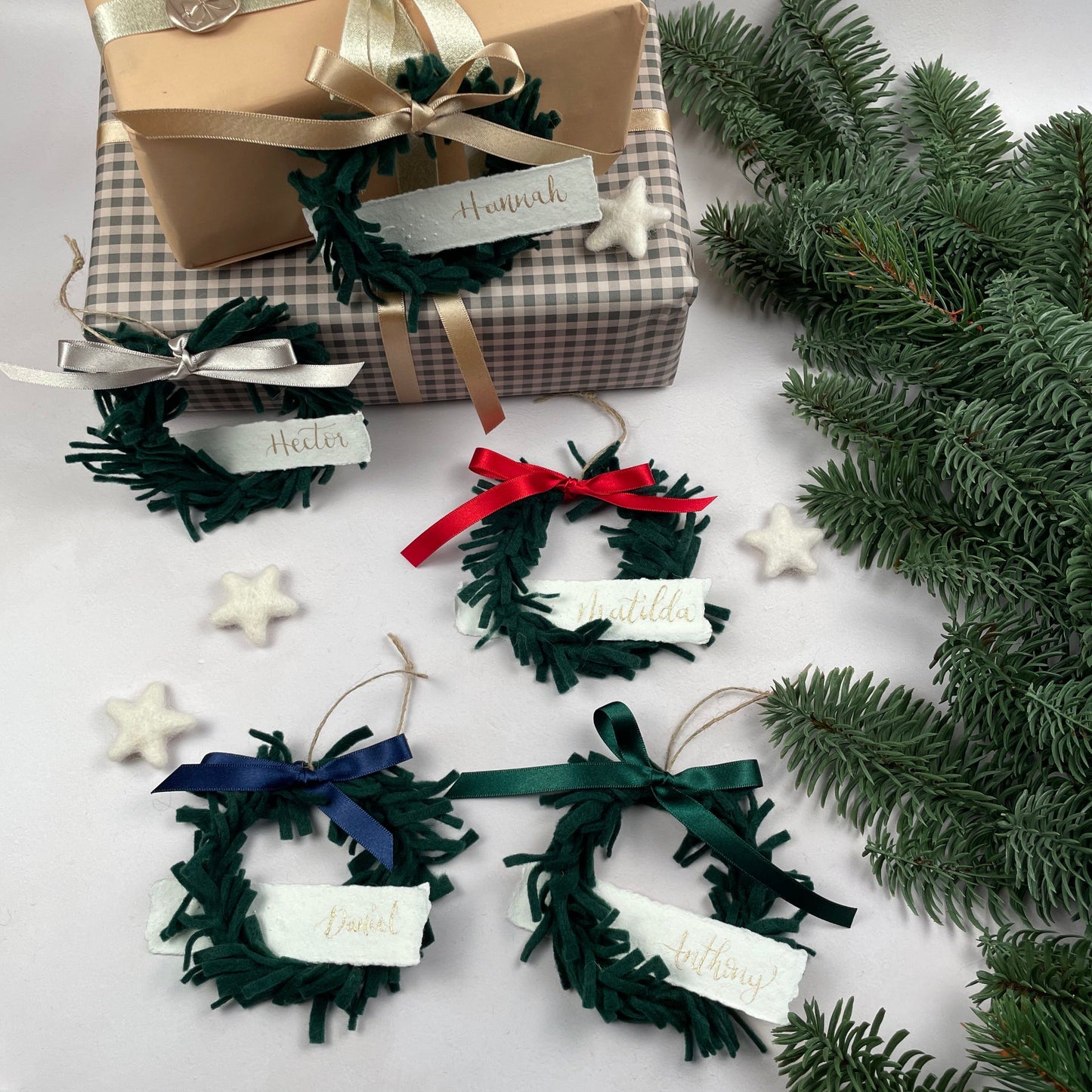 Mini Wreath Decoration - fully adorned with felt sprigs and includes a personalised calligraphy tag