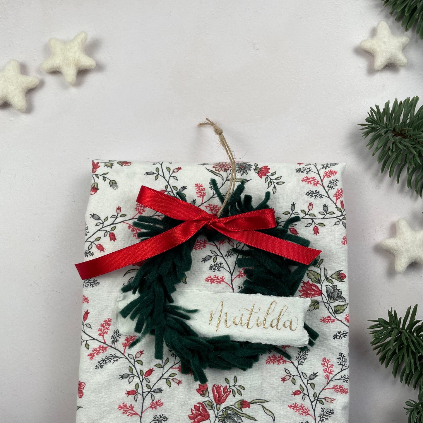 Mini Wreath Decoration - fully adorned with felt sprigs and includes a personalised calligraphy tag