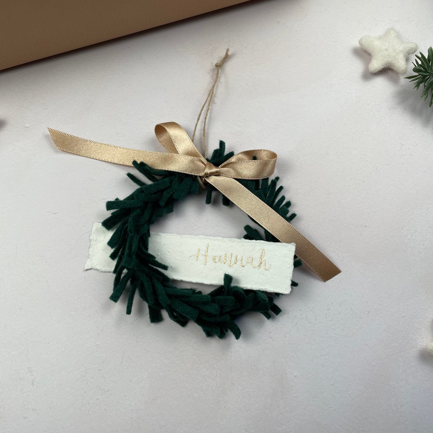 Mini Wreath Decoration - fully adorned with felt sprigs and includes a personalised calligraphy tag