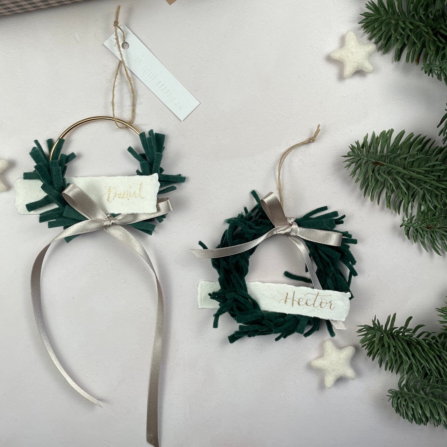 Mini Wreath Decoration - fully adorned with felt sprigs and includes a personalised calligraphy tag