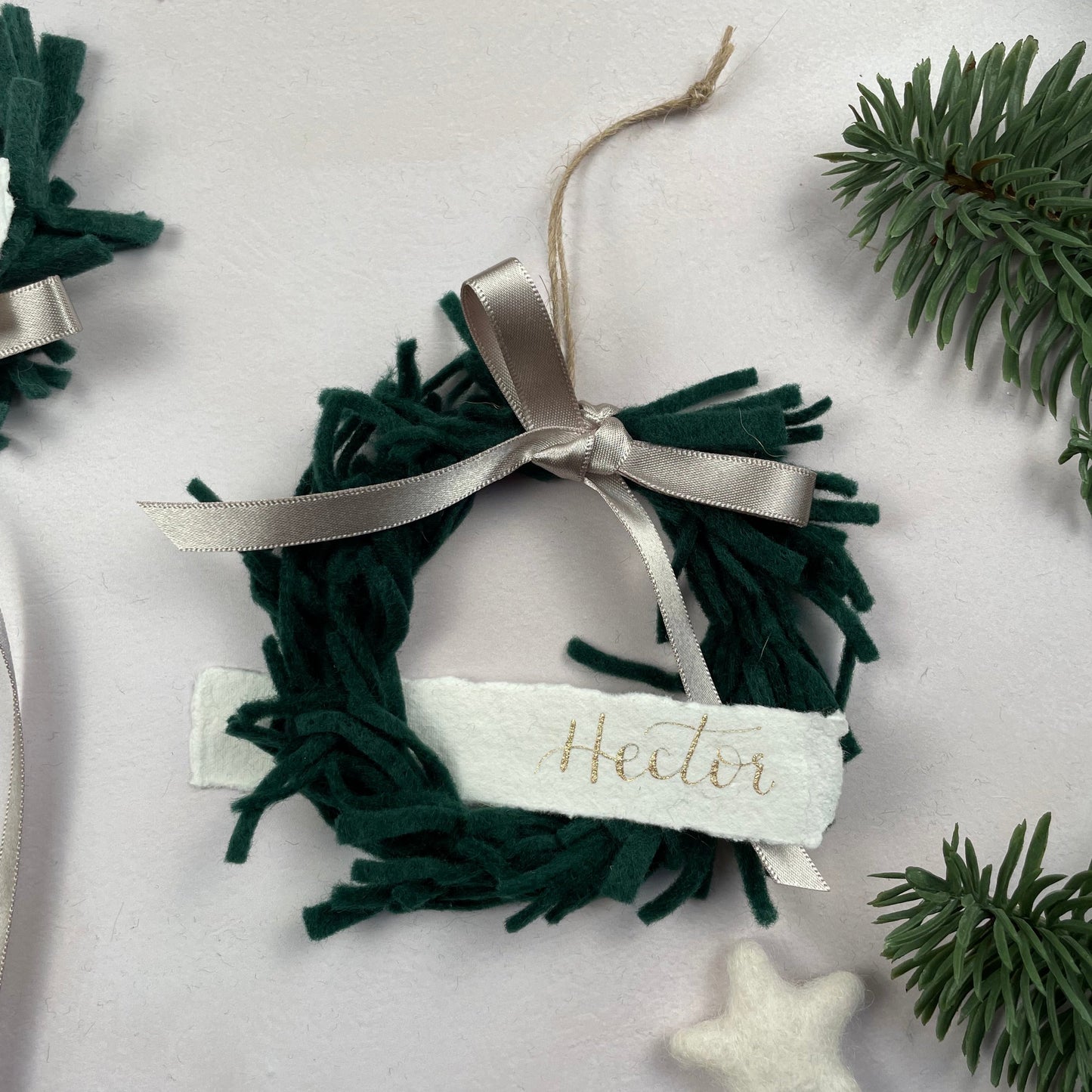Mini Wreath Decoration - fully adorned with felt sprigs and includes a personalised calligraphy tag