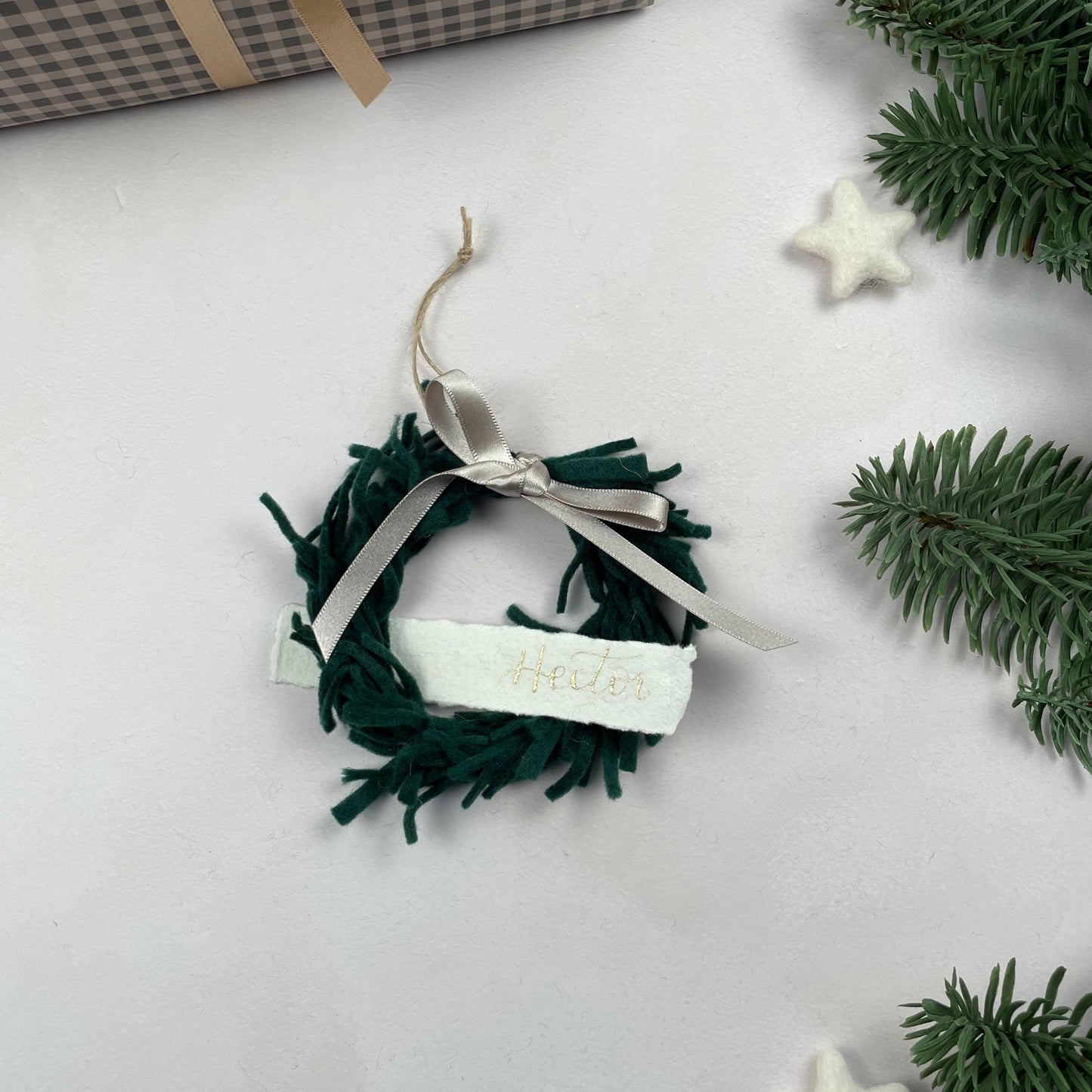 Mini Wreath Decoration - fully adorned with felt sprigs and includes a personalised calligraphy tag