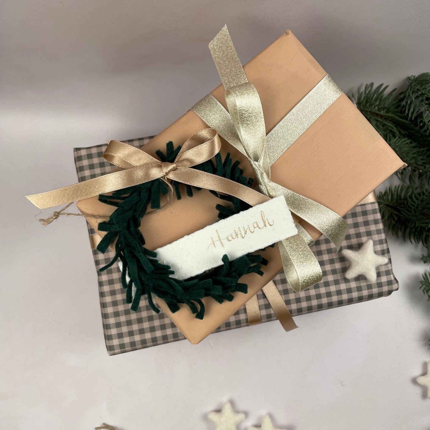 Mini Wreath Decoration - fully adorned with felt sprigs and includes a personalised calligraphy tag